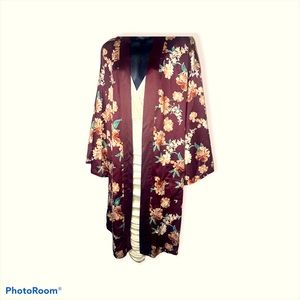 Burgundy Floral Silk 👘 Long Cardigan